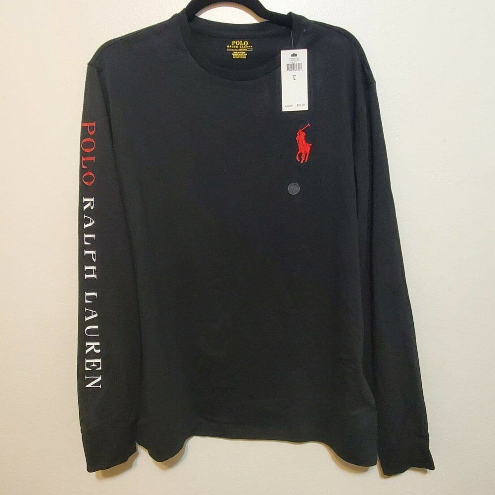 Polo Ralph Lauren Shirt Mens Crewneck Black Red Pony Long Sleeve L NWT